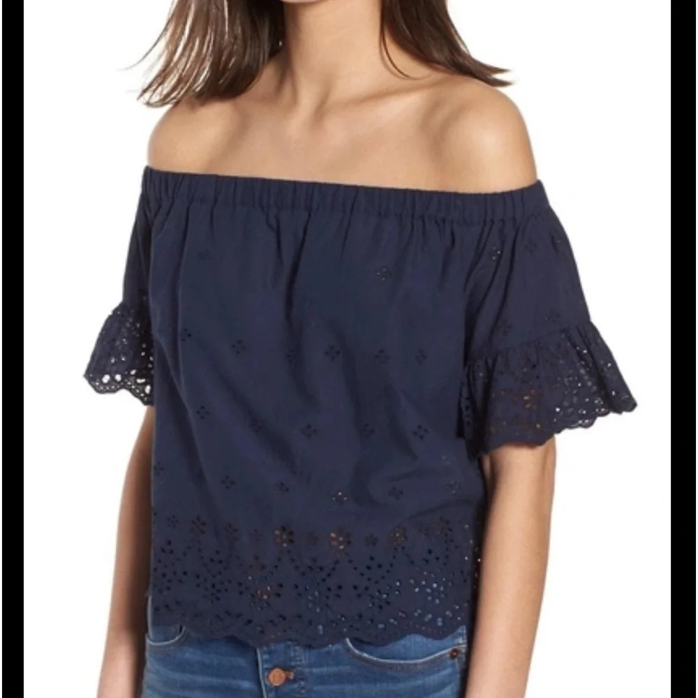 Madewell Twilight Blue Cotton Eyelet Off the Shoulder Top, Women’s Size Small